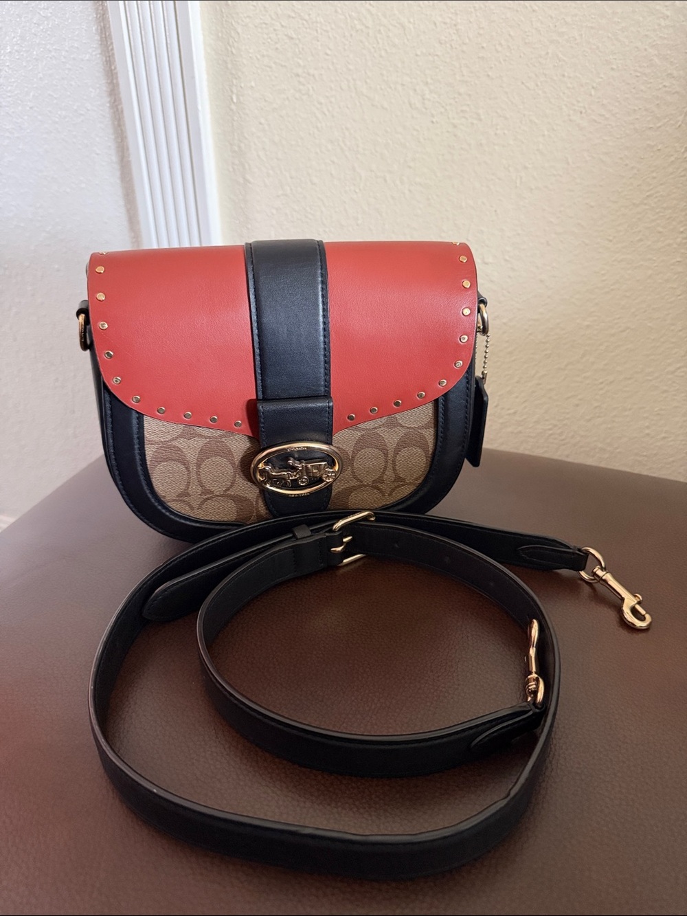Coach Crossbody with Signature Canvas, Red Flap & Black Trim